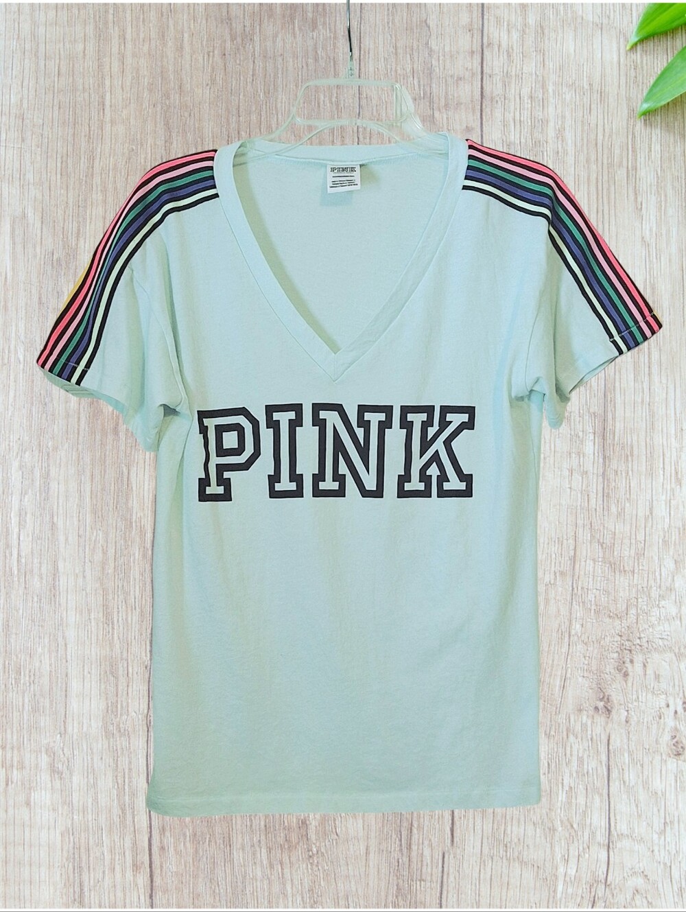 Victoria's Secret PINK pastel MINT GREEN t-shirt, rainbow varsity stripe, XS